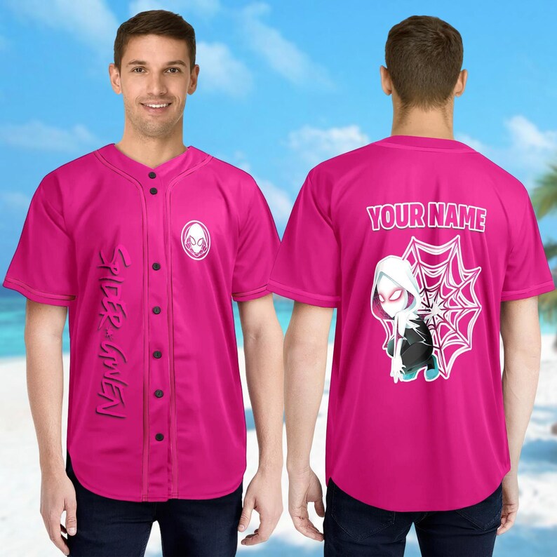Custom Spider Man Across Verse Gwen Baseball Jersey, Spider-Woman Pink Basketball Jersey, Spiderman Ghost Spider Shirt, Superhero Jersey image 2