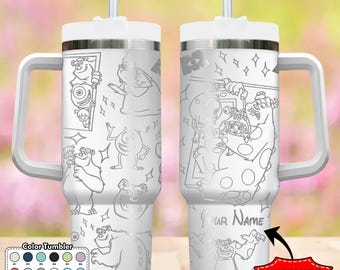 Vaso térmico personalizado DN Monster Inc de 40 oz, taza mágica de dibujos animados, vaso térmico grabado con monstruo, vaso reutilizable de acero inoxidable con asa del Reino Mágico.