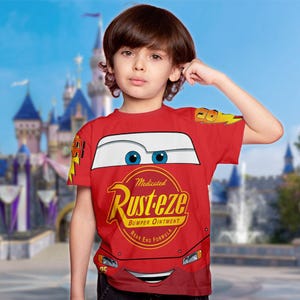 Lightning McQueen Unisex Costume T-Shirt, Cars Lightning McQueen Cosplay Costume Shirt, Cars Rusteze Logo Halloween All Over Print Tee image 1