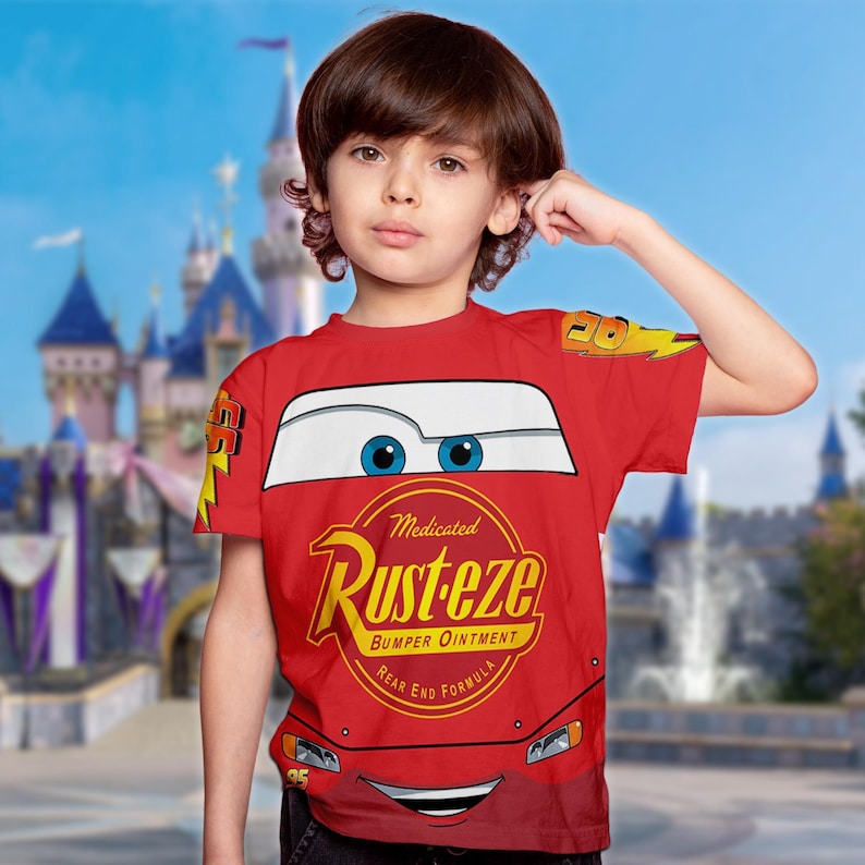 Lightning McQueen Unisex Costume T-Shirt, Cars Lightning McQueen Cosplay Costume Shirt, Cars Rusteze Logo Halloween All Over Print Tee image 1