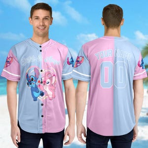 Personalized DN Stitch And Angel Baseball Jersey, Couple Lovers Shirt, Stitch And Angel Basketball Jersey, DN Cartoon Baseball Gift image 2