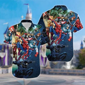 Superhero Team Button-Down Hawaiian Shirt, Spiderman Summer Vacation Hawaiian Shirt, Superhero Movie Beach Hawaii Party Shirt image 1