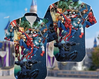 Superhero Team Button-Down Hawaiian Shirt, Spiderman Summer Vacation Hawaiian Shirt, Superhero Movie Beach Hawaii Party Shirt