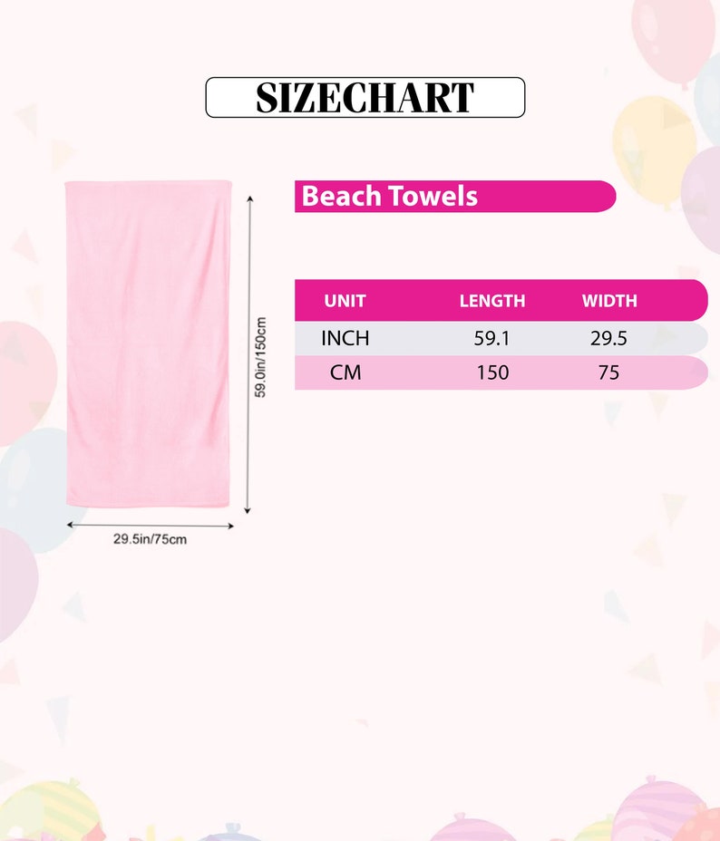 Op de afbeelding: Een lichtroze strandlaken met een lengte van 150 cm en een breedte van 75 cm. De maattabel toont ook de afmetingen van de handdoek in inches: 59,1 inch lang en 29,5 inch breed. De tekst "Beach Towels" wordt weergegeven.