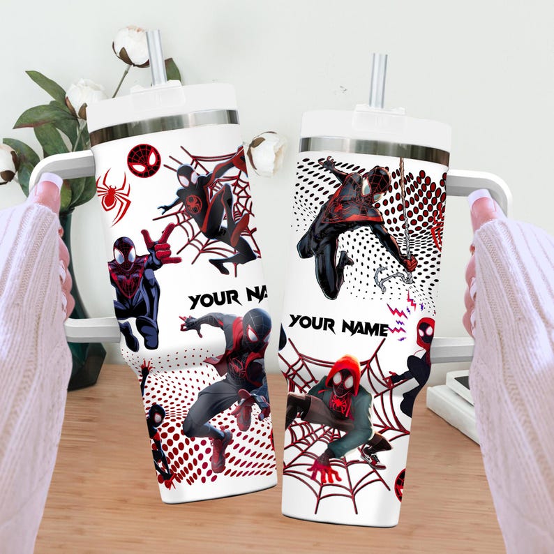 Custom Spiderman Miles Morales Tumbler, Custom Across Spider Verse 40oz Tumbler, Spider Superhero Handle Stainless Steel Reusable Tumbler image 3