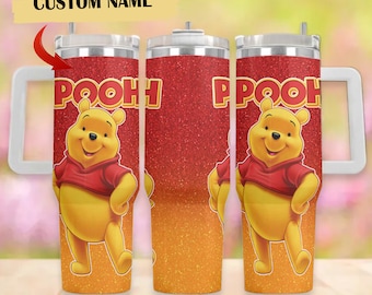 Custom Pooh 40oz Tumbler, Cartoon Characters Tumbler, Winnie the Pooh Cup, Magic Kingdom Handle Stainless Steel Tumbler, Birthday Gift