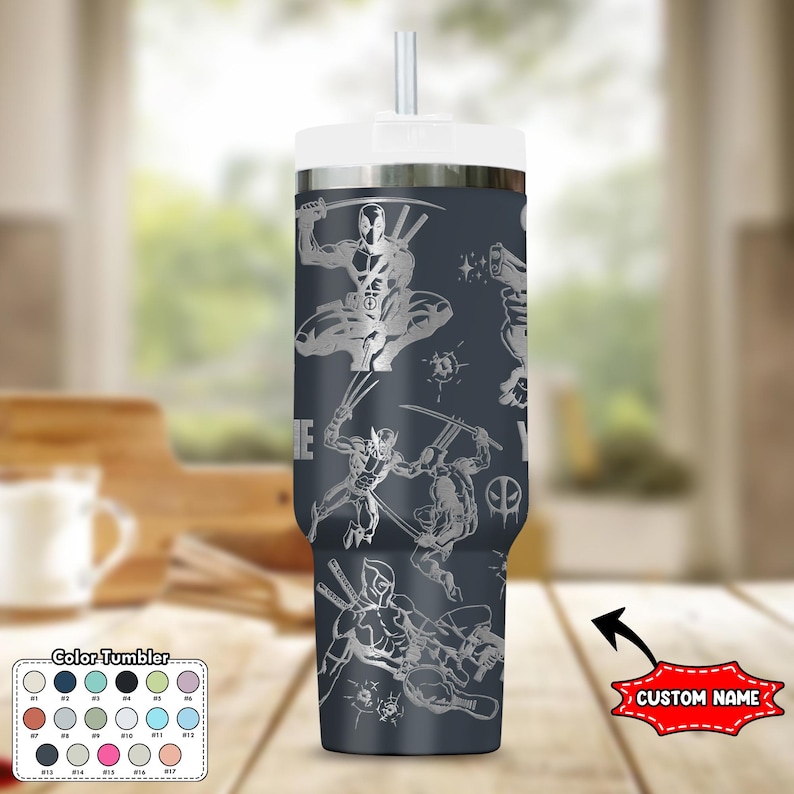 Custom Deadpool and Wolverine Tumbler, Deadpool 40oz Engraved Tumbler, Wolverine Cartoon Cup, Magic Kingdom Handle Stainless Steel Tumbler image 4