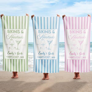 Custom Bikinis and Martinis Bachelorette Beach Towel, Cocktail Bachelorette Party Towels, Bridesmaid Beach Towel, Wedding Gift for Her