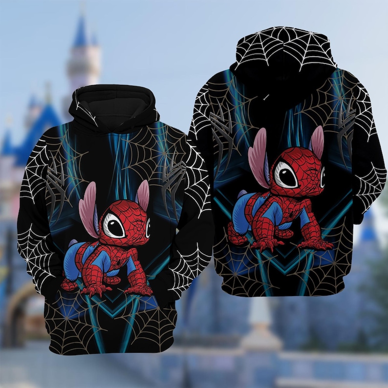 Spiderman Stitch And Lilo Mash Up Hoodie, Lilo & Stich 3D Adult T-shirt Hoodie, Stitch Spiderman Mash Up All Over Print Shirt image 1