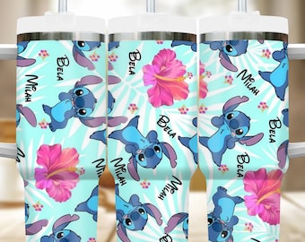 Vaso térmico personalizado Blue Dog Tropical de 40 oz, vaso con personajes de dibujos animados, taza de café con diseño de monstruo adorable, vaso reutilizable de acero inoxidable con asa.