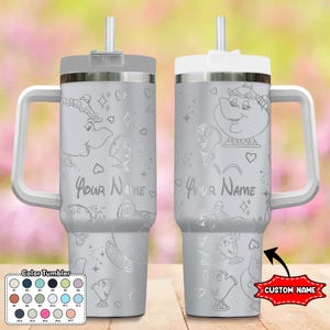 May include: A silver tumbler with a white handle, lid, and straw. The tumbler features engraved images of cartoon characters, hearts, and stars. The text "Your Name" is also engraved on the tumbler. A color chart is shown at the bottom.