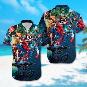 Superhero Hawaiian Shirt, Funny Avengers Hawaii Shirt Black, Black Panther Spider Man Iron Man Thor Button Up Shirt, Cartoon Hero Shirt