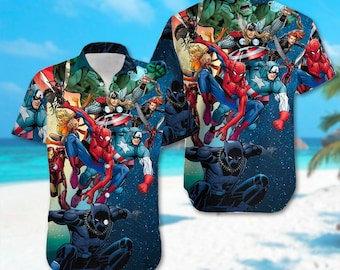 Camisa hawaiana de superhéroes, divertida camisa hawaiana de los Vengadores en negro, camisa abotonada de Black Panther, Spider-Man, Iron Man y Thor, camisa de héroe de dibujos animados