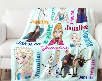 Personalized Animated Musical Snow Queen Movie Plush Fleece Blanket, Custom Name Animated Princess Movie Blanket, Sofa Blanket