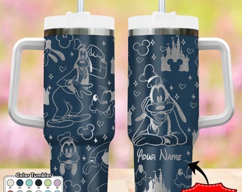 Custom Dog 40oz Tumbler, Cartoon Characters Engraved Tumbler, Magic Kingdom Coffee Cup Gift, Dog Handle Stainless Steel Reusable Tumbler