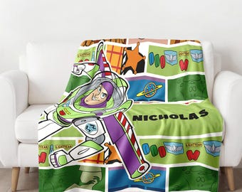 Personalized Green Spaceman Police Blanket, Custom Name Animated Character Plush Fleece Blanket, Magic Kingdom, Sofa Blanket, Gift For Kid