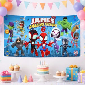 May include: A rectangular blue party banner featuring the text James and his Amazing Freinds 6, decorated with cartoon illustrations of Spider-Man, Ghost-Spider, Miles Morales, Hulk, Black Panther, Ms. Marvel, Rhino, and Green Goblin.