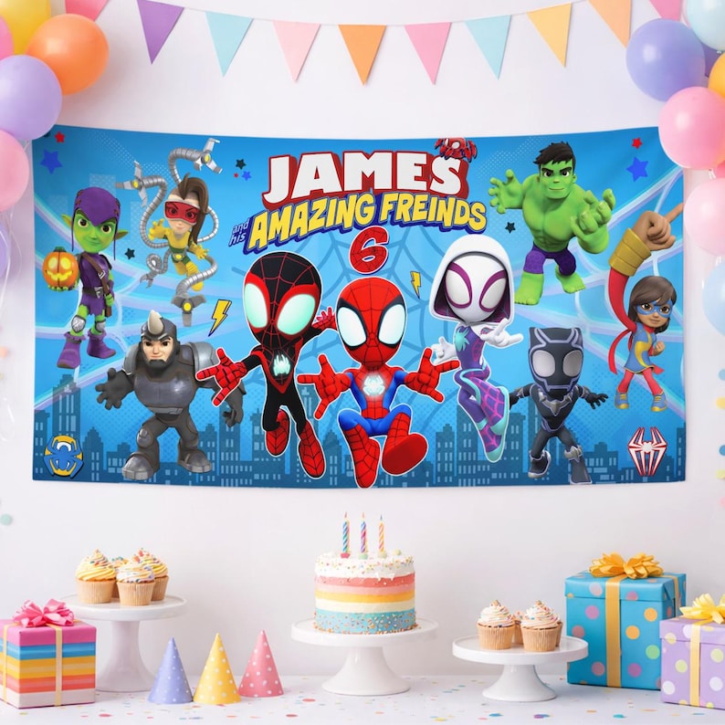 May include: A rectangular blue party banner featuring the text James and his Amazing Freinds 6, decorated with cartoon illustrations of Spider-Man, Ghost-Spider, Miles Morales, Hulk, Black Panther, Ms. Marvel, Rhino, and Green Goblin.