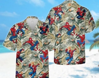 Tropical Spider Man Hawaiian Shirt, Spiderman Hawaii Shirt, Spider Button Up Shirt, Superhero Summer Trip Shirt, Peter Parker Hawaii Shirt