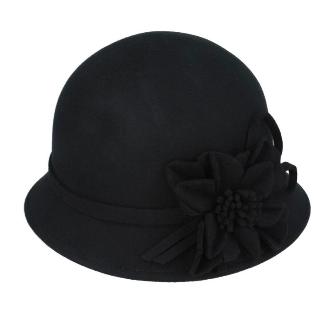 Ladies Chic Vintage Wool Cloche Hat With Flower & Strap Belt Etsy