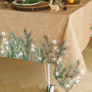 Christmas tablecloth rectangle. Fir branches and cotton bolls oilcloth. Festive table decor. Farmhouse tablecloth.