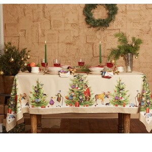 Christmas tablecloth rectangle. Holiday tablecloth  vintage Christmas tree Oilcloth for festive home decor.