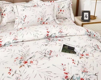 Juego de ropa de cama Queen de satén, estilo cottagecore con flores y pájaros, edredón incluido.