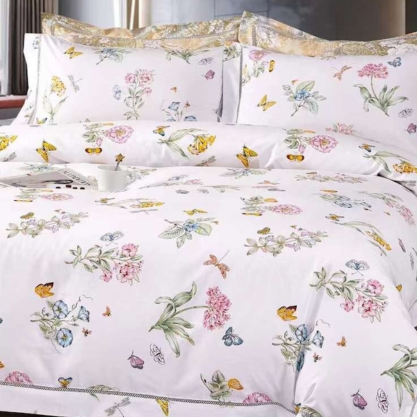 Floral Queen bedding set with flowers and butterfly, bamboo comforter, romantic duvet cover set for mother.queen bedding set botanical.