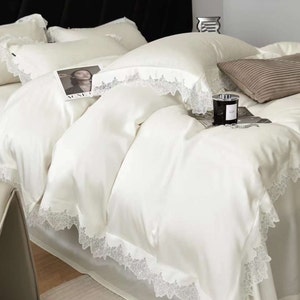 White lace Queen bedding set included Comforter, wedding gift for couple unique, full queen duvet cover,shabby chic ruffled bedding set cute