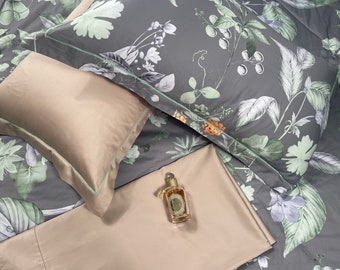 Tropical botanical bedding with queen comforter set, duvet cover with silk comforter. Boho bedding bedroom decor.