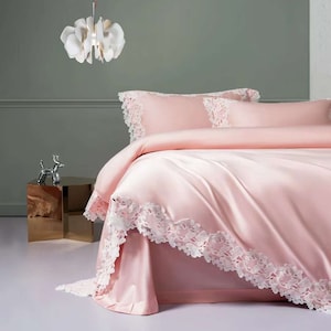 Silky Satin bedding set Full Queen, set for romantic bedroom.Shabby chic ruffled bedding set cute,anniversary gift for grandparents