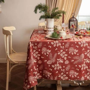 Extra Large Christmas tablecloth rectangle. Red tablecloth, holiday french tablecloth with winter plants.