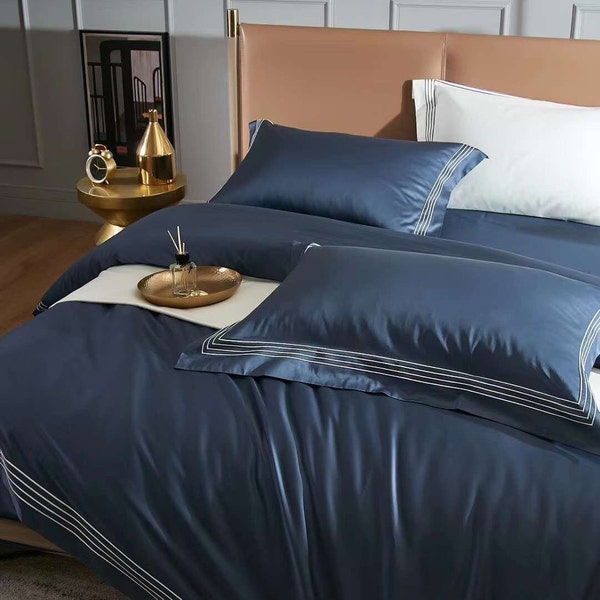 Navy blue Silky Satin bamboo Comforter bedding set Queen, cotton duvet cover, pillowcases, flat or fitted sheet set, blue white bedding