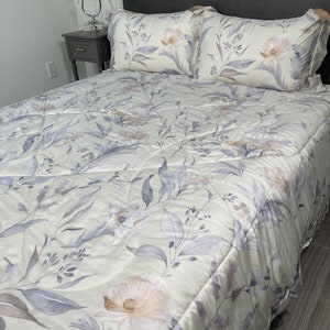 Simple Floral Botanical Bedding Set Queen Quilt Comforter Set, Tencel