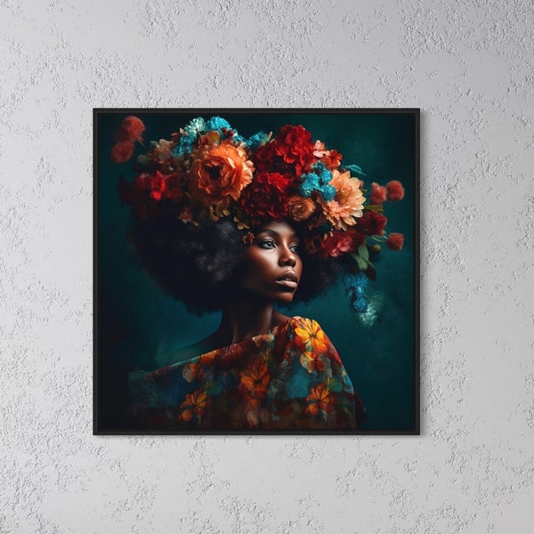 Flora Allura | Floral Art, Floral Head Woman, Flower Head, Woman with flower head painting, Digital Art, Black Woman with Flowers and Afro