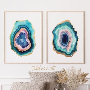 Set of 2 Geode Prints, Agate Crystal Poster, Watercolor Agate Slice Art, Abstract Agate Geode, Gem and Mineral Decor, Boho Crystal Home Art