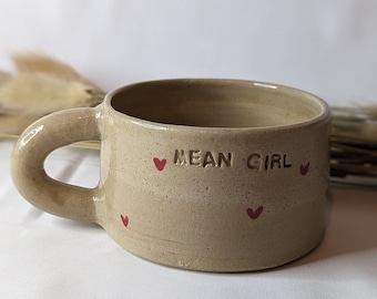 Handcrafted mug in raw stoneware, small red hearts with Mean Girl message, minimalist and original home decor pottery