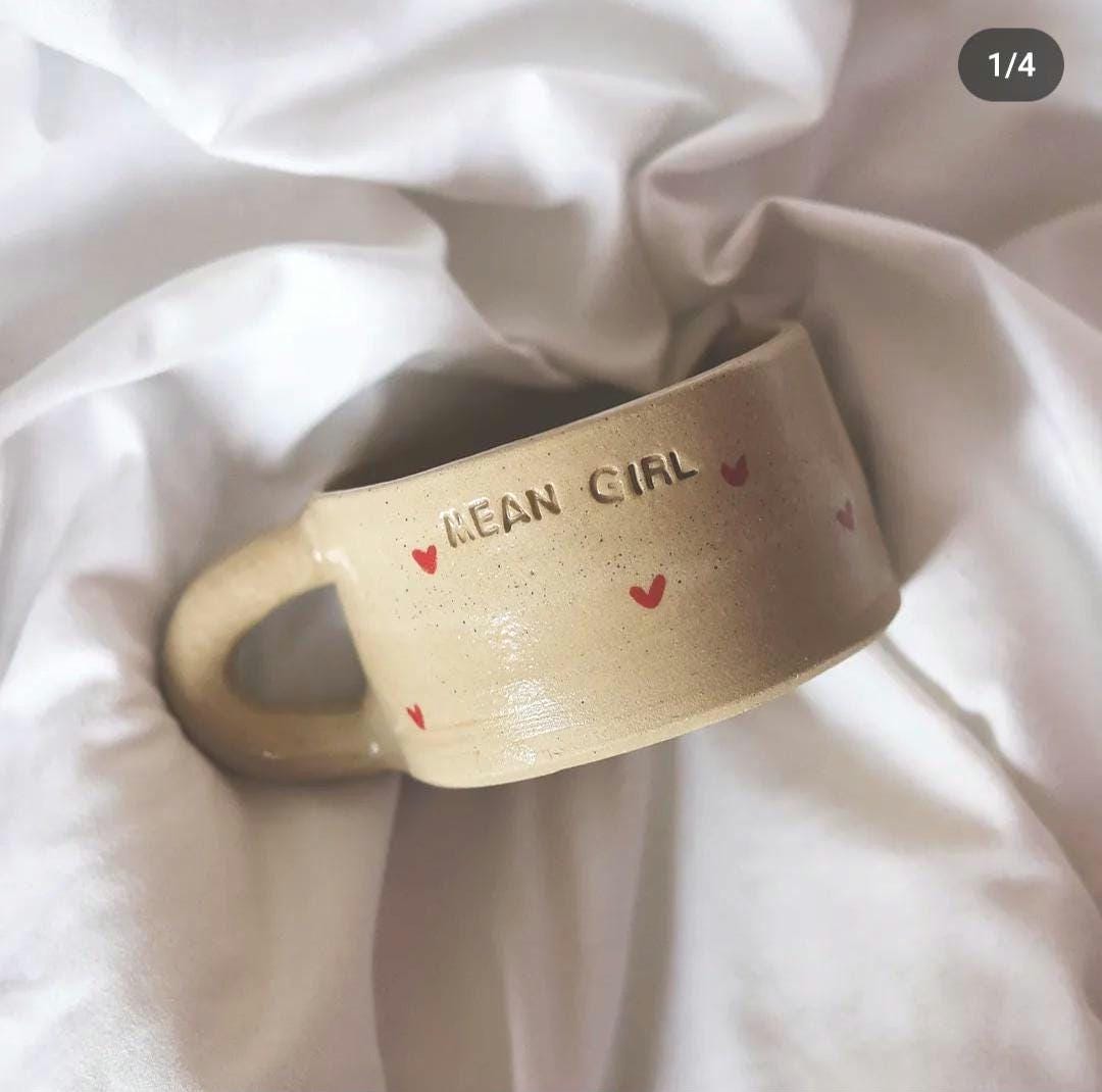 Handmade stoneware mug cup, small red hearts with the message Mean Girl, minimalist and original home decor pottery