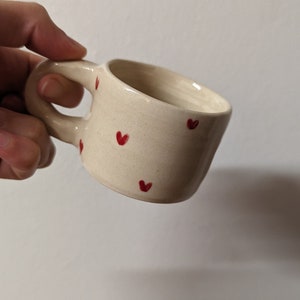 Handcrafted mug cup small red hearts espresso cracked effect