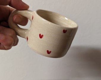 Handcrafted mug cup small red hearts espresso cracked effect