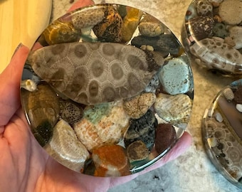 Michigan Coastal Petoskey Stone Coasters | Michigan Rockhound Art | Michigan Gifts | Michigan Rocks | Fossils | Leland Blue | Yooper | Agate