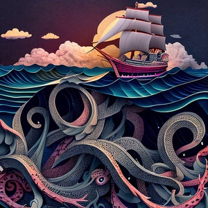 Kraken Encounter Tapestry - Nautical Adventure Meets Mythical Sea Monster for Ocean Lovers, Indoor Wall Tapestries