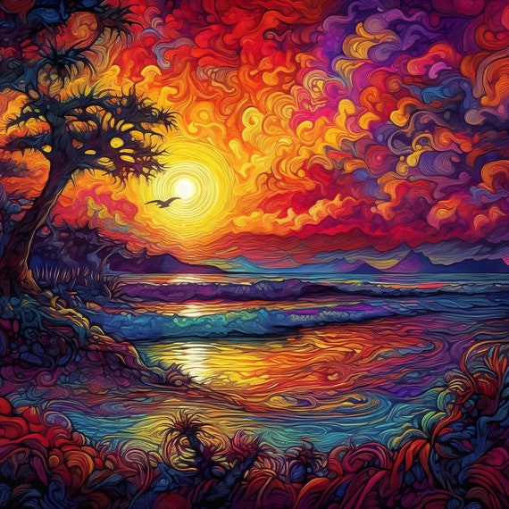 Cosmic Sunburst Tapestries: Mesmerizing Psychedelic Sunset Wall