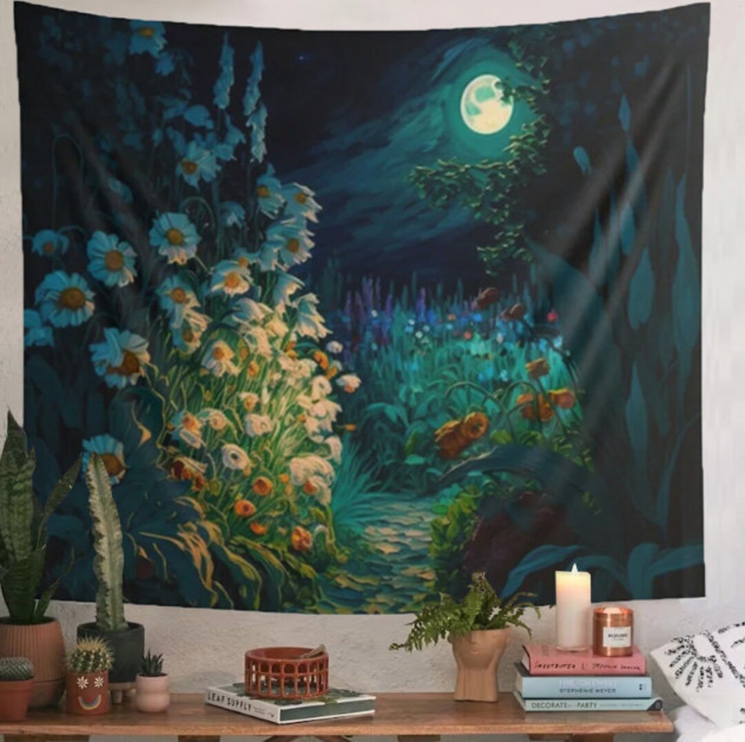 Moonlit Meadow Tapestry Full Moon Over Floral Night Landscape ...