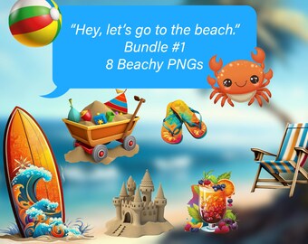 8 Beachy Cliparts - Sand, Surf, Fruity Drinks, Relax, Kids Beach Toys, Summer Vacation