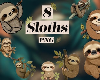 8 Sloths Clipart- Rain Forest, Jungle, Animals, Lazy, Sleepy, Slow, Mammals