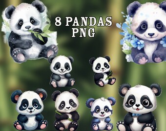 8 Panda Bears Clipart- Panda, Bamboo, Bear
