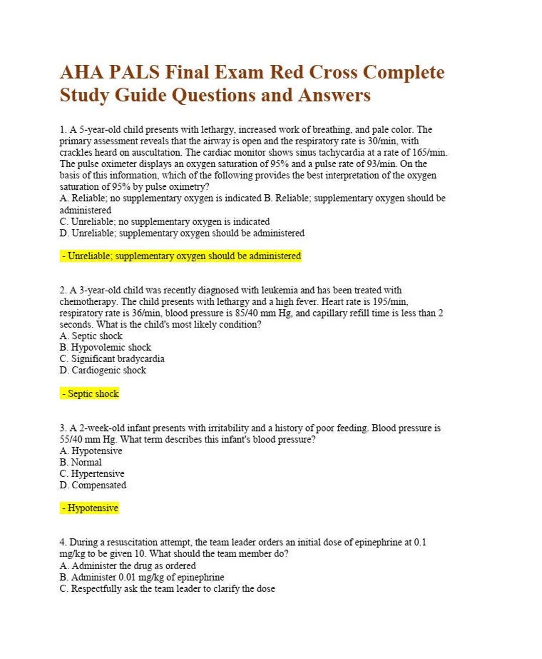 AHA PALS Final Exam Red Cross Complete Study Guide Questions Etsy