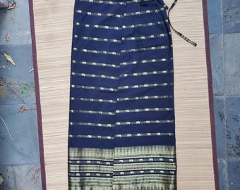 Vintage Thai Silk Wrap Skirt: Black with Gold Elephant Embroidery, 1990s
