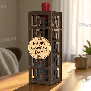 3D Wine Bottle Gift box – Laser Cut Wooden Wine Box SVG for Wedding or Birthday digital